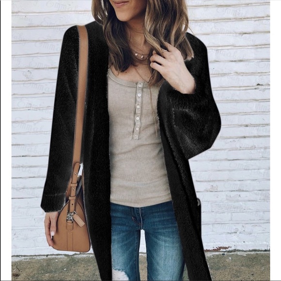 Sweaters - 1 Left! Black Fuzzy Cozy Cardigan with Pockets